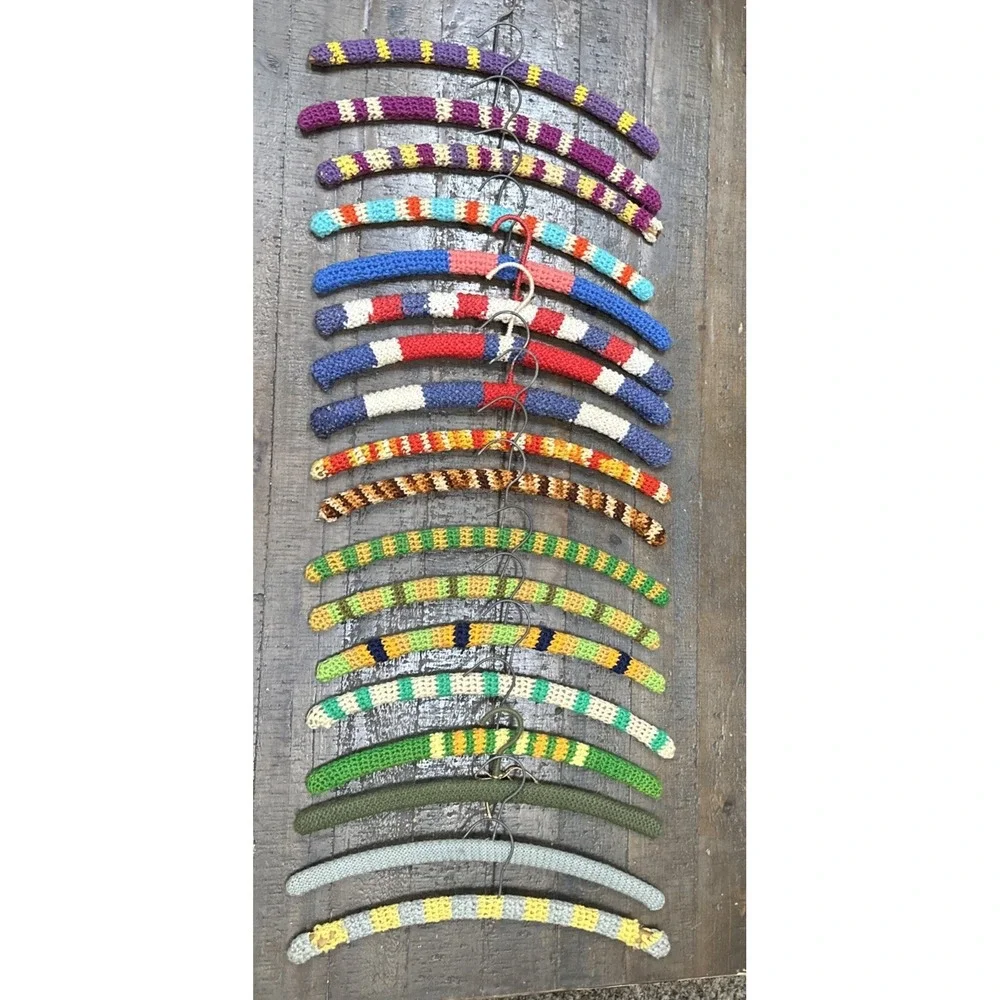 Lot 18 Vintage Crochet Covered Wooden Clothes Hangers Colorful Grannycore